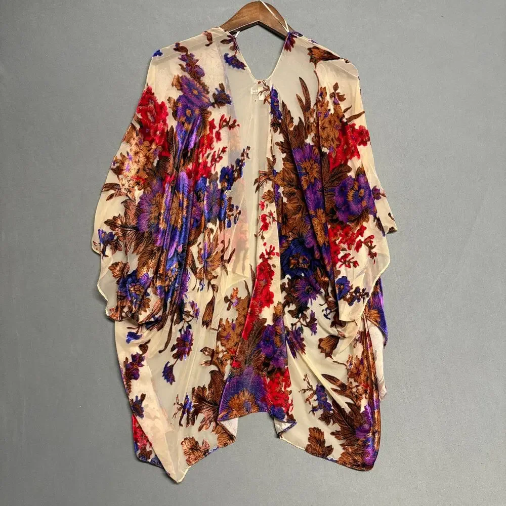 Woven Heart Vibrant Floral Kimono Cardigan One‎ Size Flowy Draped Boho Style - Picture 2 of 16